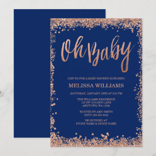 Oh Baby Navy Faux Rose Gold Glitter Baby Shower Invitation