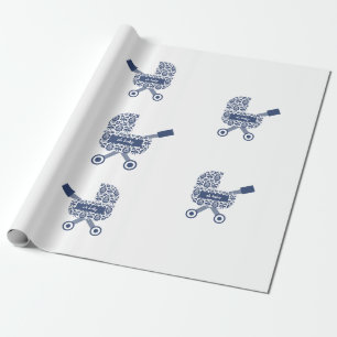 Oh Baby Navy Pram Baby Shower Wrapping Paper