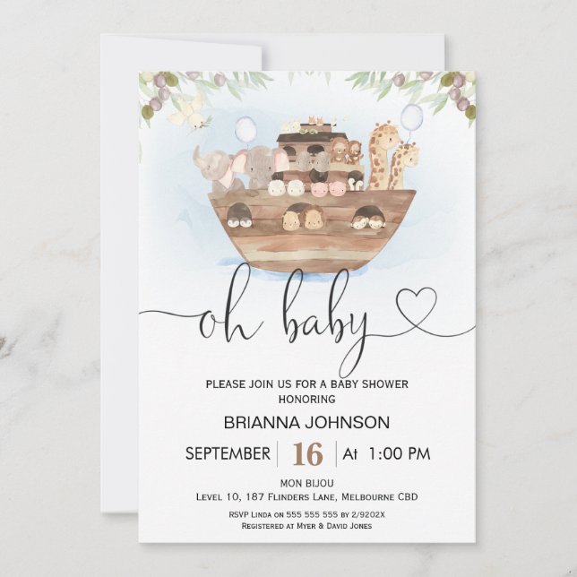 Oh Baby Noah's Arch Baby Shower Invitation (Front)