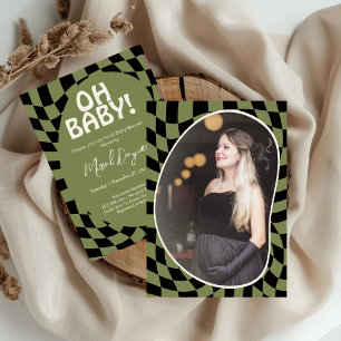 Oh Baby! Olive Green Chequered Modern Baby Shower  Invitation