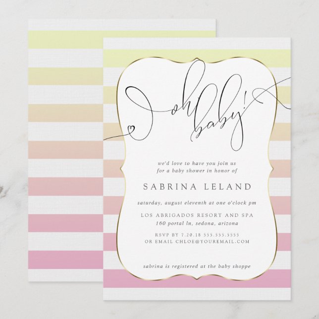 OH Baby Ombré Yellow to Pink  Stripes Invitation (Front/Back)