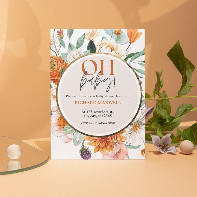Oh Baby Orange Floral and Gold Baby Shower Invitation (Creator Uploaded)