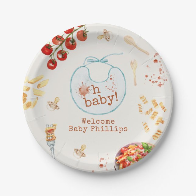 Oh Baby Pasta & Pacifiers Blue Baby Shower Paper Plate (Front)