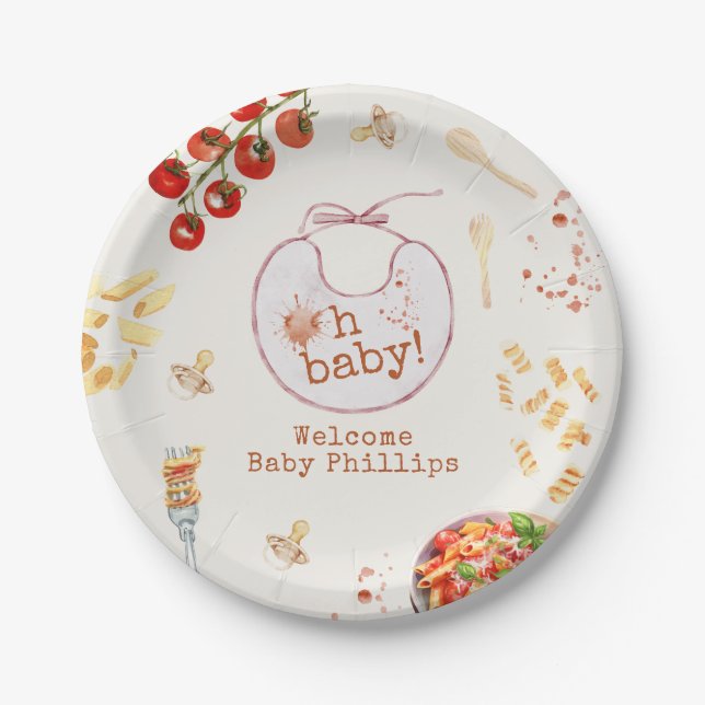 Oh Baby Pasta & Pacifiers Pink Baby Shower Paper Plate (Front)