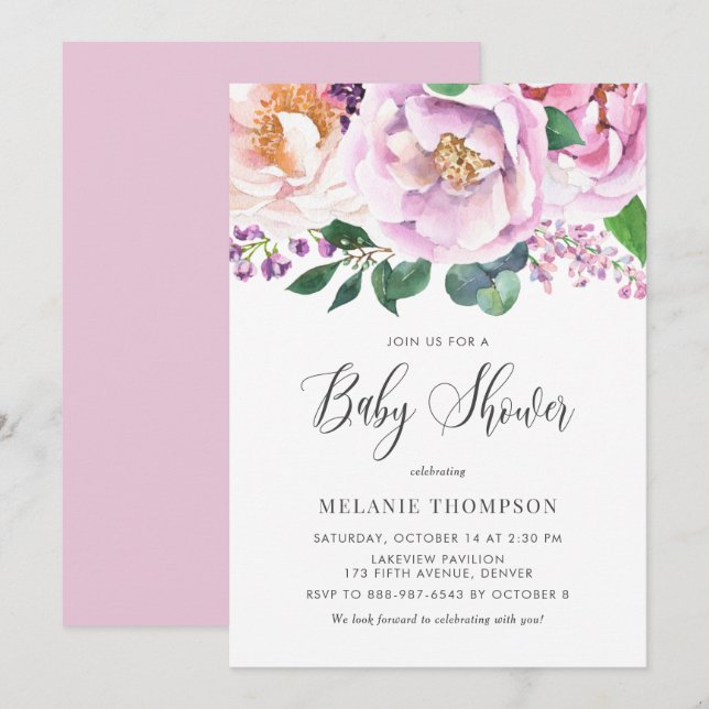 Oh Baby Pastel Purple Peonies Spring Baby Shower Invitation (Front/Back)