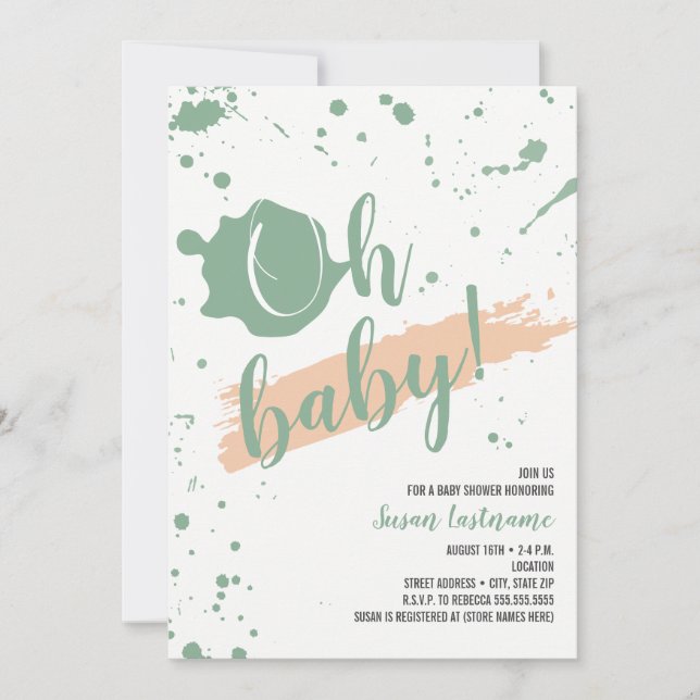 Oh Baby Peach And Green Girl Baby Shower Invitation (Front)