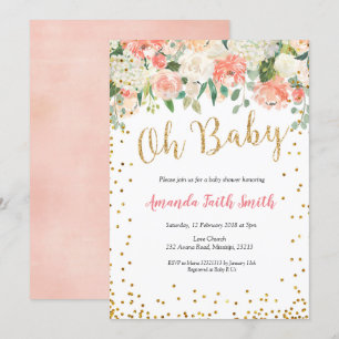 Oh Baby Peach Floral Baby Shower Invitation