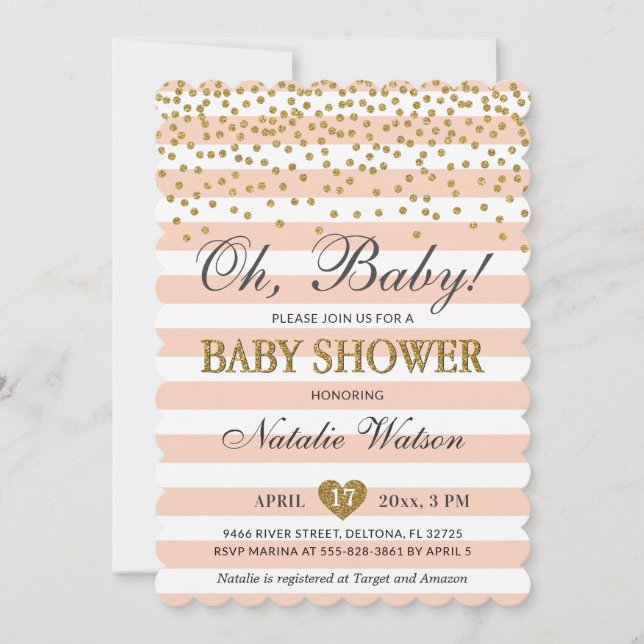 Oh Baby Peach Gold Baby Shower Neutral  Invitation (Front)