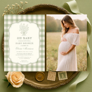 Oh Baby Photo Gingham Sage Green Baby Shower Invitation