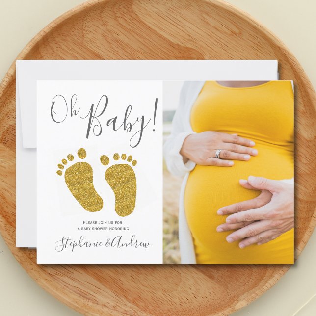 Oh Baby Photo Gold Glitter Baby Shower Invitation (Creator Uploaded)