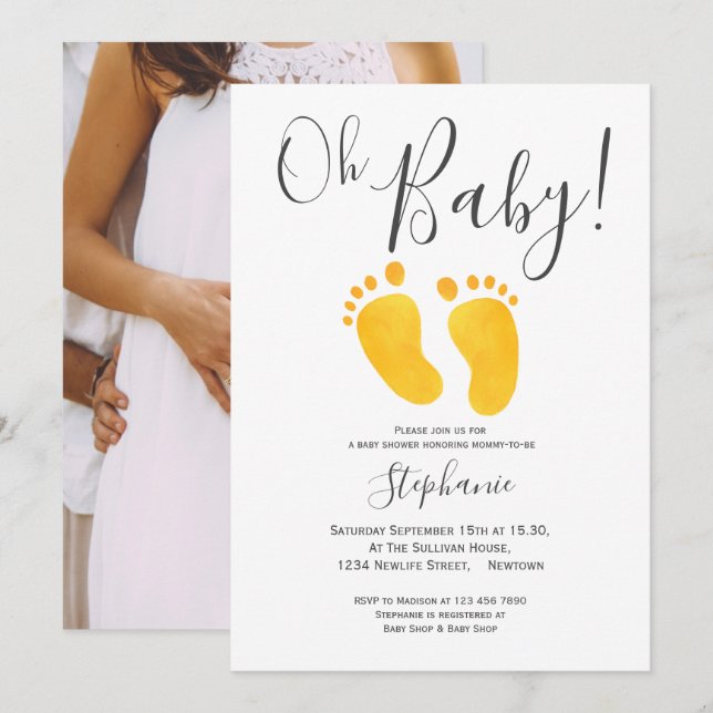 Oh Baby Photo Yellow Feet Baby Shower  Invitation (Front/Back)
