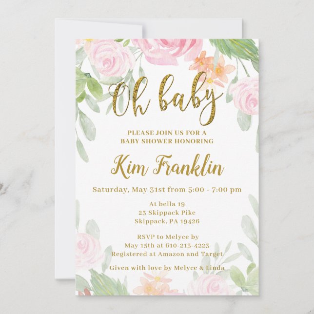 Oh Baby Pink and Gold Baby Shower Invitation (Front)