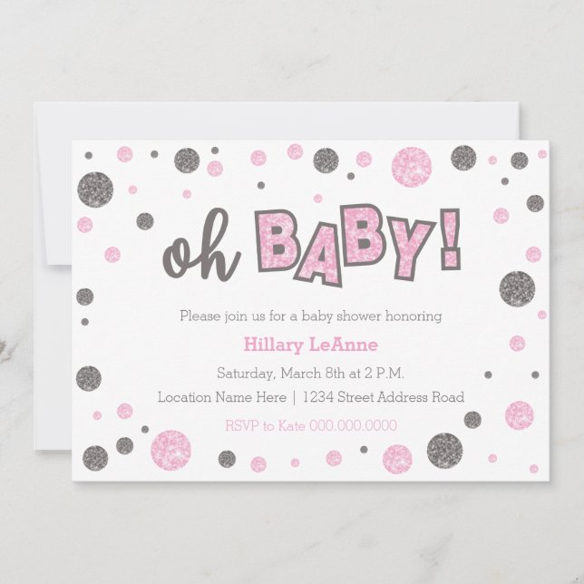 oh Baby Pink and grey glitter shower invitation (Front)