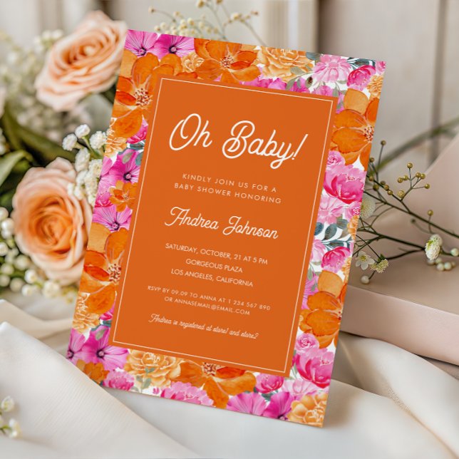 Oh Baby Pink and Orange Vibrant Floral Baby Shower Invitation (Creator Uploaded)
