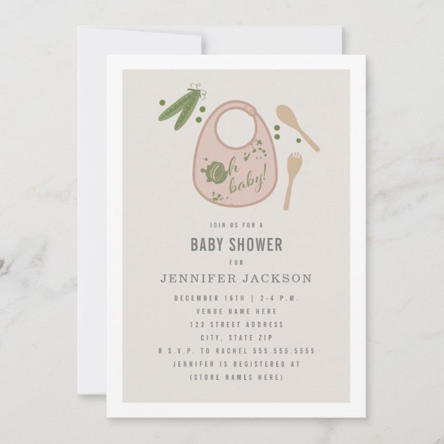 Oh Baby Pink Bib Peas Fork Spoon Girl Baby Shower Invitation (Front)