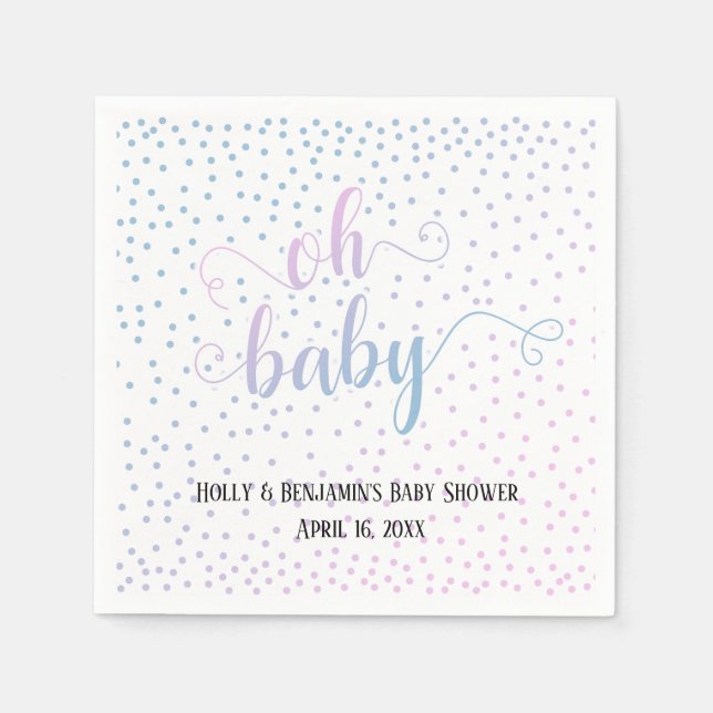 "Oh Baby!" Pink Blue Confetti, Names & Date Napkin (Front)
