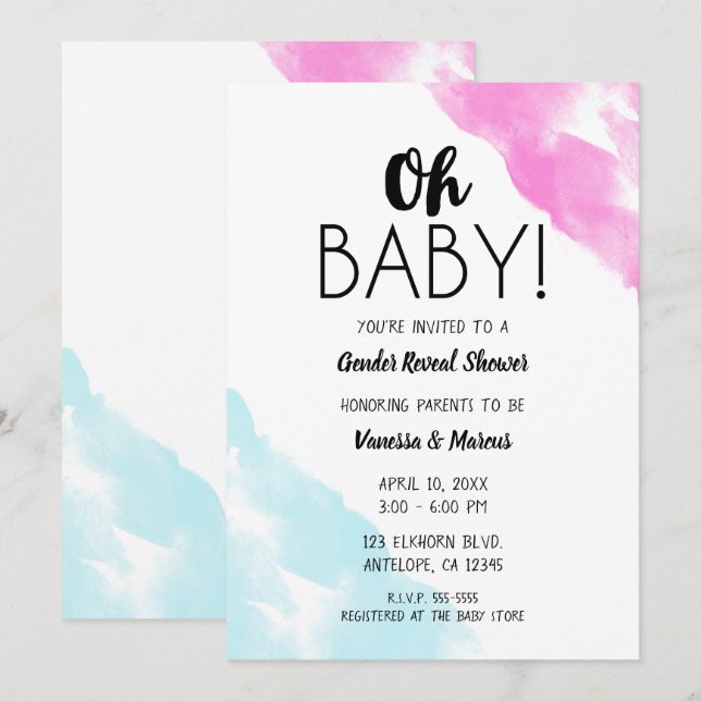 Oh Baby Pink Blue Watercolor Gender Reveal Shower Invitation (Front/Back)