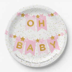 Oh Baby Pink Bunting Flags Baby Shower Paper Plate