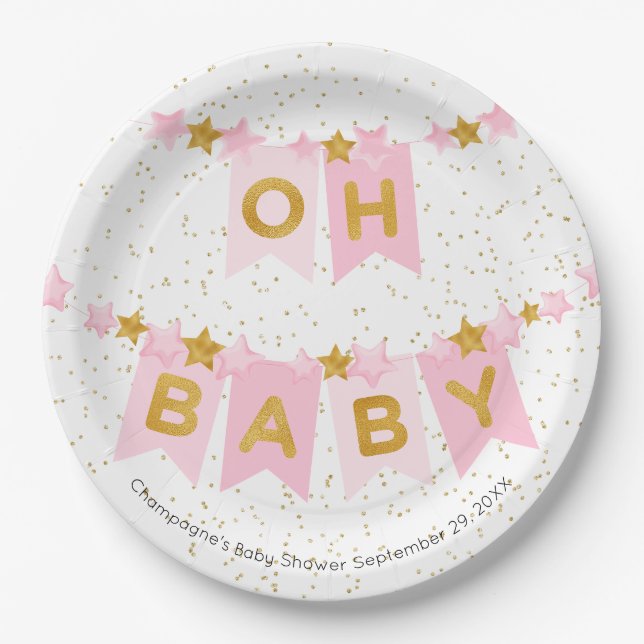 Oh Baby Pink Bunting Flags Baby Shower Paper Plate (Front)