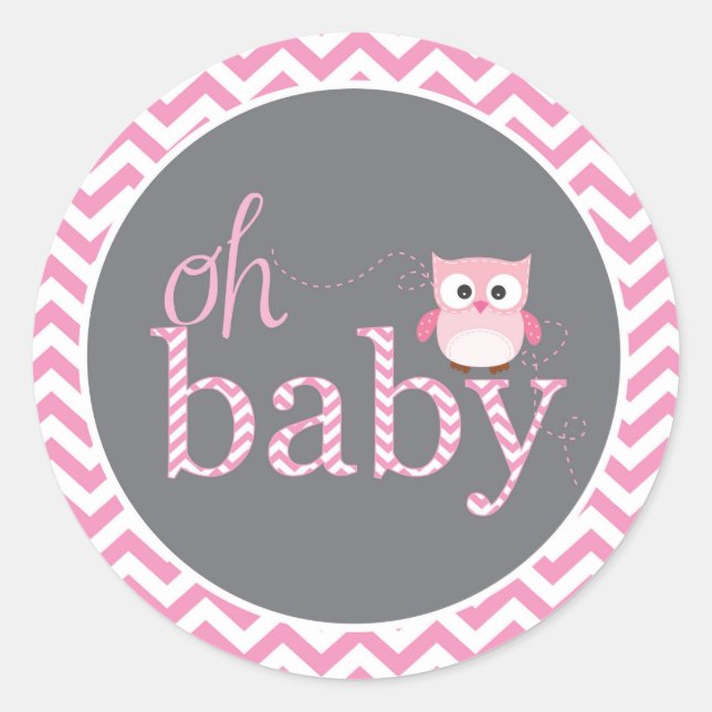 Oh Baby Pink Chevron Owl Shower Sticker (Front)