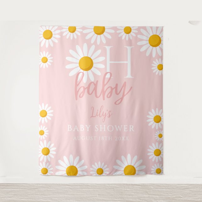 Oh Baby Pink Daisy Baby Shower Photo Backdrop Tapestry (Front)