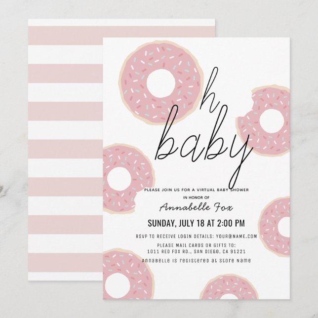 Oh Baby Pink Doughnut Girl Virtual Baby Shower Invitation (Front/Back)