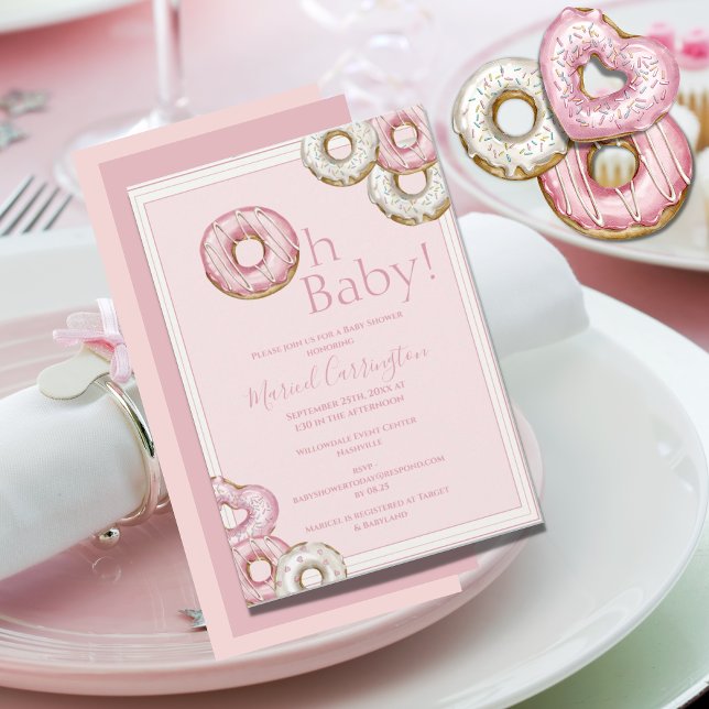 Oh Baby Pink Doughnuts Watercolor Baby Shower Invitation (Creator Uploaded)
