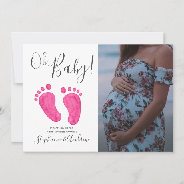 Oh Baby Pink Feet Photo Girl Baby Shower Invitation (Front)