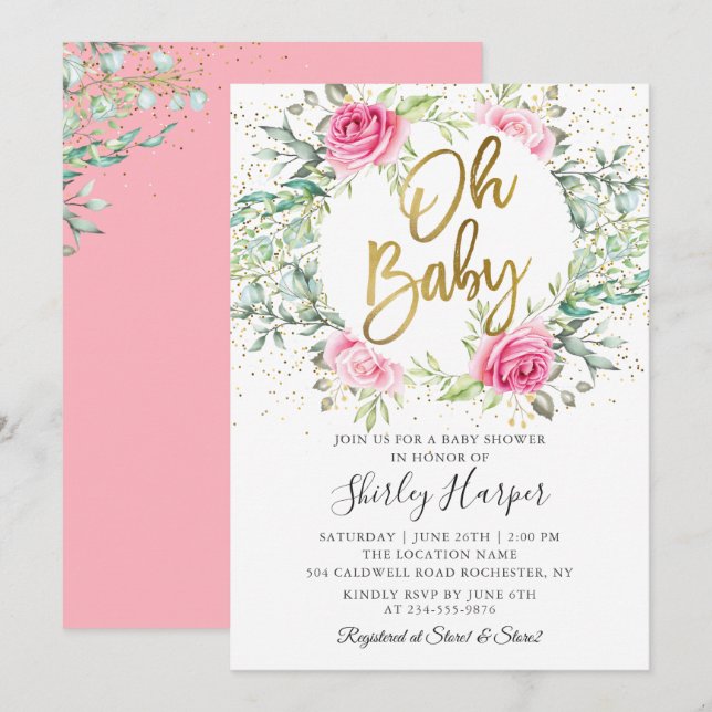 Oh Baby Pink Floral Greenery Glitter Baby Shower Invitation (Front/Back)