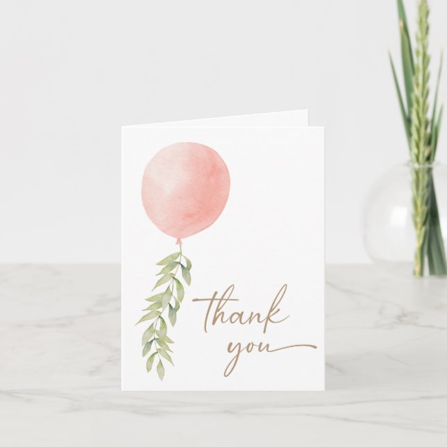 Oh Baby Pink Girl Balloon Eucalyptus Thank You Invitation (Front)