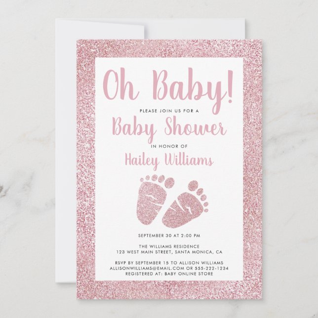 Oh Baby Pink Glitter Baby Feet Baby Girl Shower Invitation (Front)