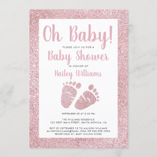 Oh Baby Pink Glitter Baby Feet Baby Girl Shower Invitation