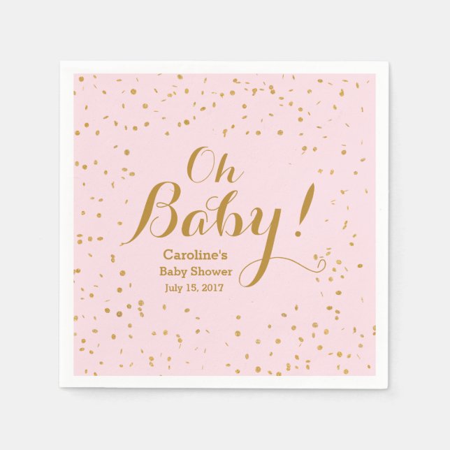 Oh Baby! Pink & Gold Confetti Baby Shower Napkins (Front)