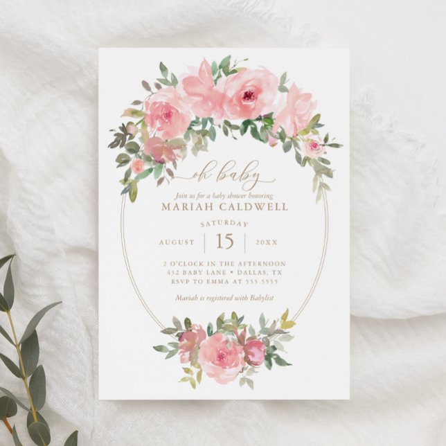 Oh Baby Pink Gold Floral Greenery Girl Baby Shower Invitation (Creator Uploaded)