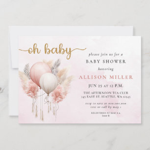 Oh Baby Pink Gold Pampas Boho Girl Baby Shower Invitation
