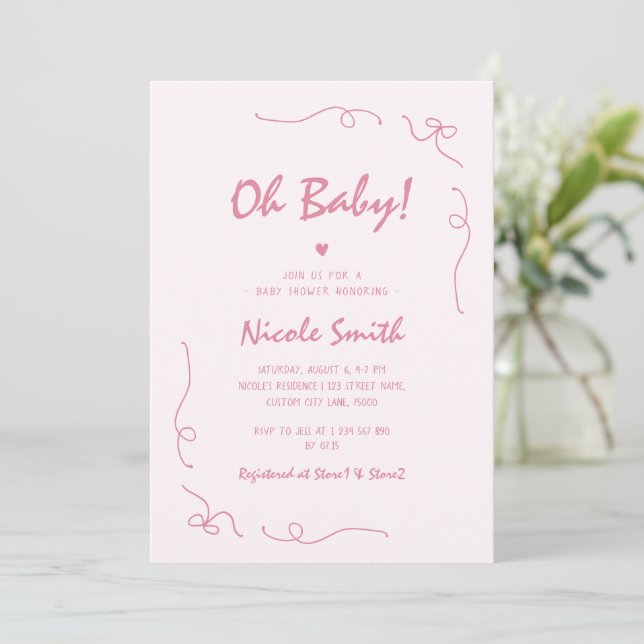 Oh Baby Pink Hand Drawn French Girl Baby Shower Invitation (Standing Front)