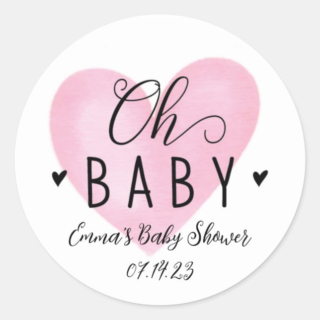 Oh Baby Pink Heart Baby Shower Sticker (Front)