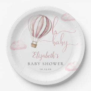 Oh Baby Pink Hot Air Balloon Girl Baby Shower Paper Plate