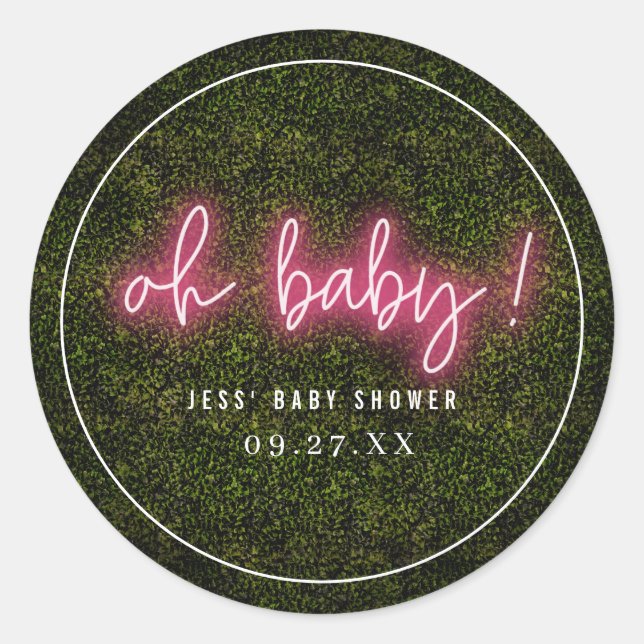Oh Baby Pink Neon Boxwood Baby Shower Classic Round Sticker (Front)