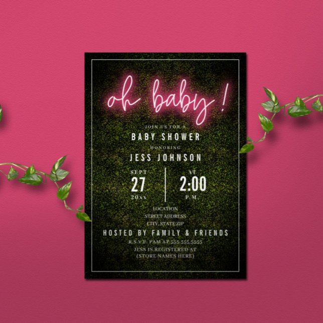 Oh Baby Pink Neon Boxwood Baby Shower Invitation (Creator Uploaded)