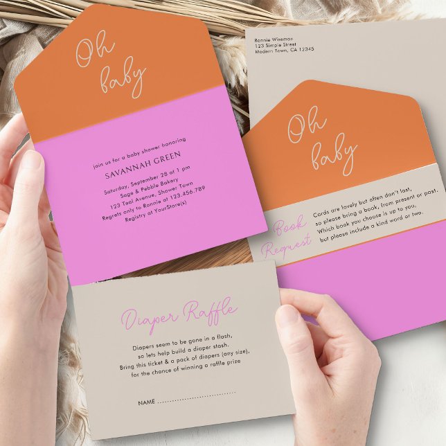 Oh Baby Pink Orange Books Diapers and Baby Shower All In One Invitation (Oh Baby Baby Shower Invitation asking for diapers and books from my Tricolor Baby Shower Collection)