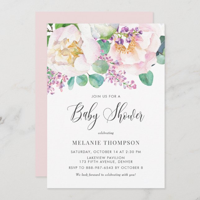 Oh Baby Pink Peonies and Eucalyptus Baby Shower Invitation (Front/Back)