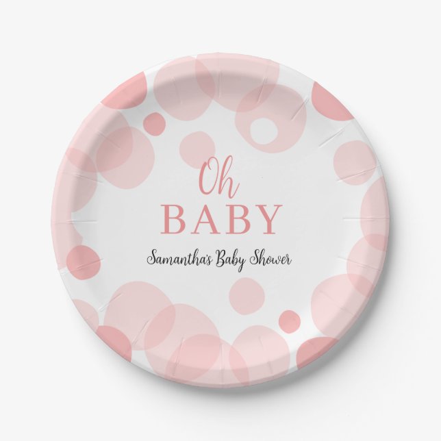 Oh Baby pink Polka Dots Girl Baby Shower Paper Plate (Front)