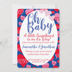 Oh Baby Pink Red Sweethearts Baby Shower Blue Invitation