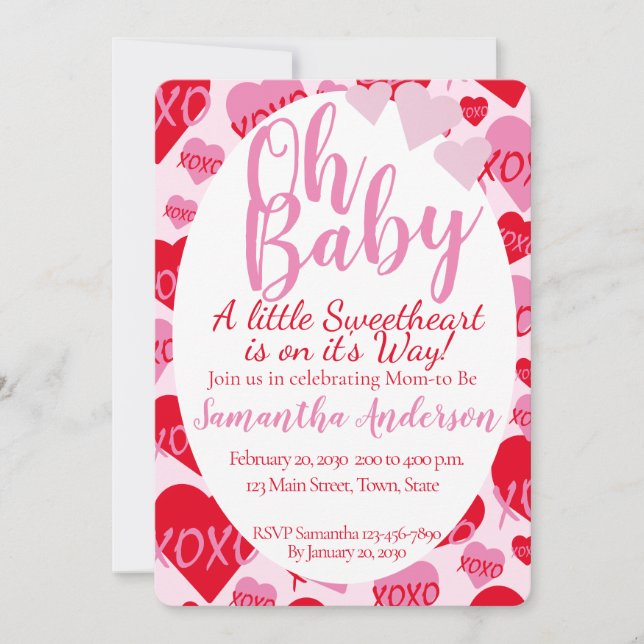 Oh Baby Pink Red Sweethearts Baby Shower Pink Invitation (Front)