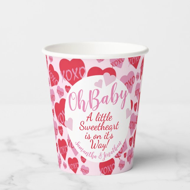 Oh Baby Pink Red Sweethearts Baby Shower Pink Paper Cups (Back)