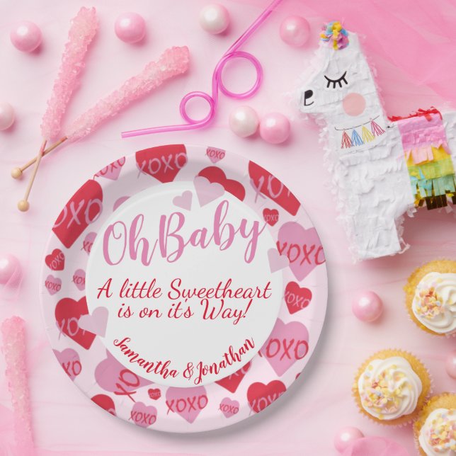 Oh Baby Pink Red Sweethearts Baby Shower Pink Paper Plate (Party)