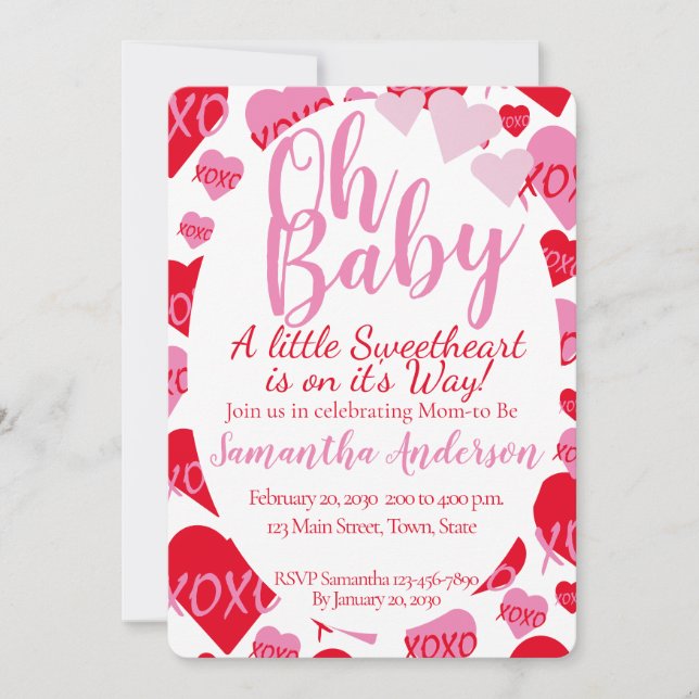 Oh Baby Pink Red Sweethearts Baby Shower White Invitation (Front)