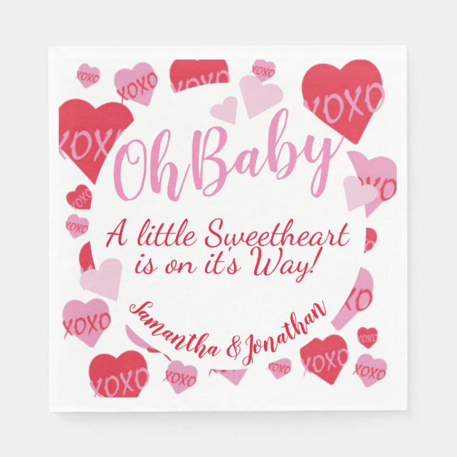 Oh Baby Pink Red Sweethearts Baby Shower White Napkin (Front)