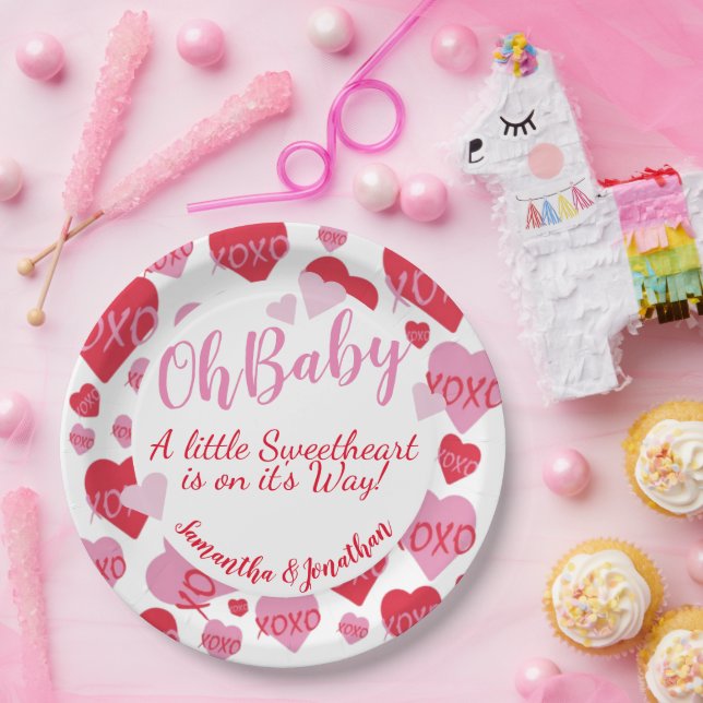 Oh Baby Pink Red Sweethearts Baby Shower White Paper Plate (Party)